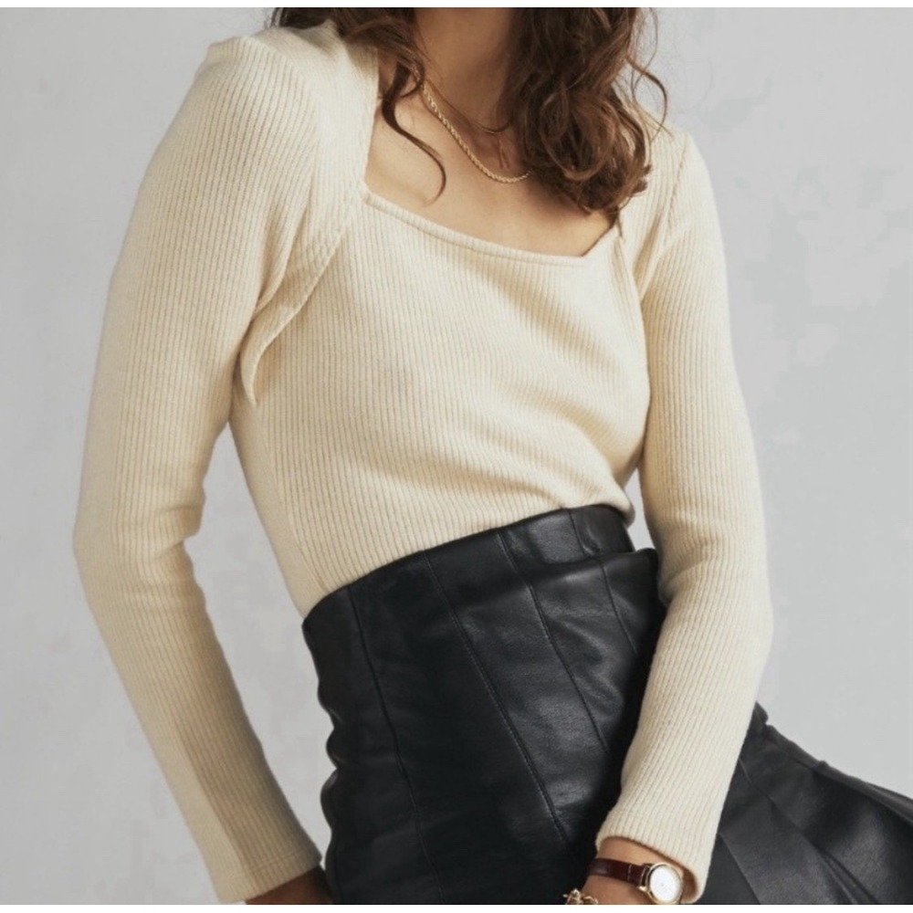 Anthropologie Ribbed Ballet Sweater Sz S Cream Minimalist romantic Square neck